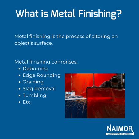 blue box with text that says "what is metal finishing? metal finishing is the process of altering an objects surface. metal finishing comprises deburring, edge rounding, graining, slag removal, tumbling, etc."