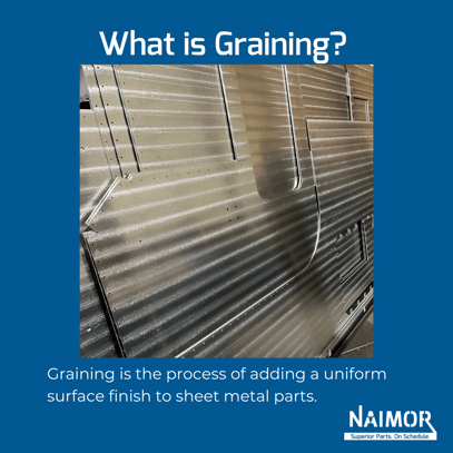 blue box with a photo of aluminum panels with graining and the text "graining is the process of adding a uniform surface finish to sheet metal parts."