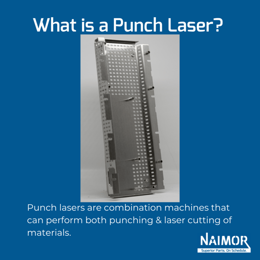 photo with part made in a punch laser machine and the text "punch lasers are combination machines that can perform both punching and laser cutting of materials."