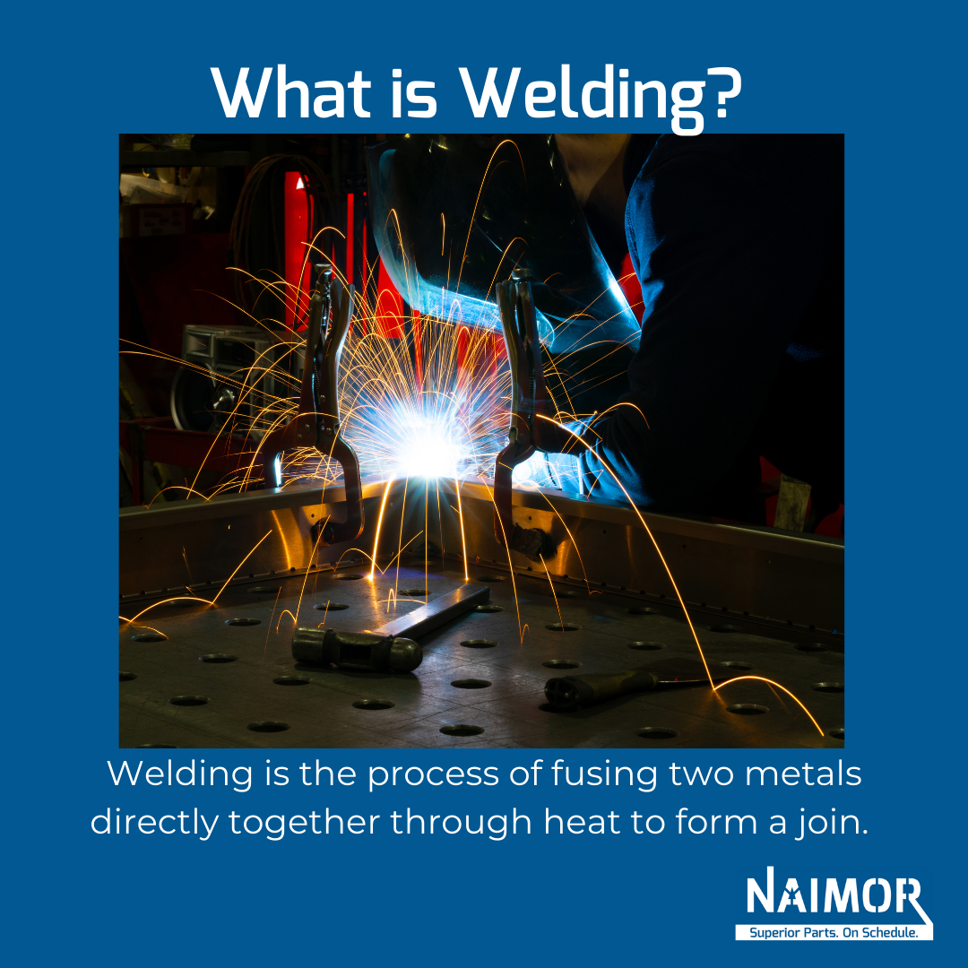 image of welding happening with text of "welding is the process of fusing two metals directly together through heat to form a join.