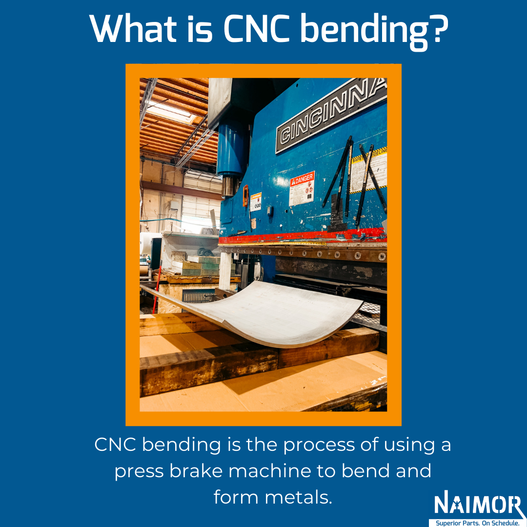 image of press brake machine and the words "cnc bending is the process of using a press brake machine to bend form metal."