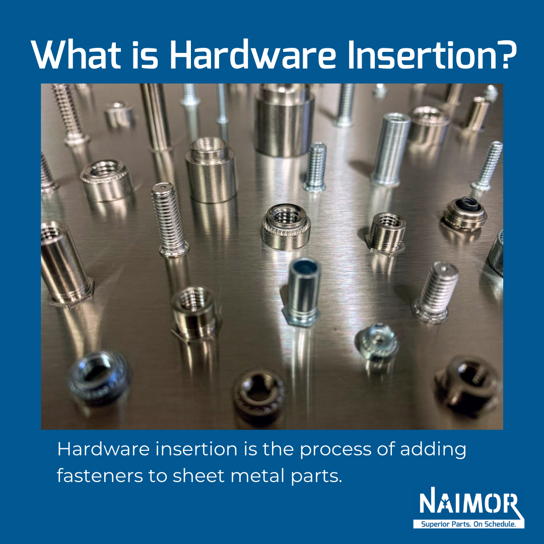 blue box with an image of many different fastener types and the text "hardware insertion is the process of adding fasteners to sheet metal parts."